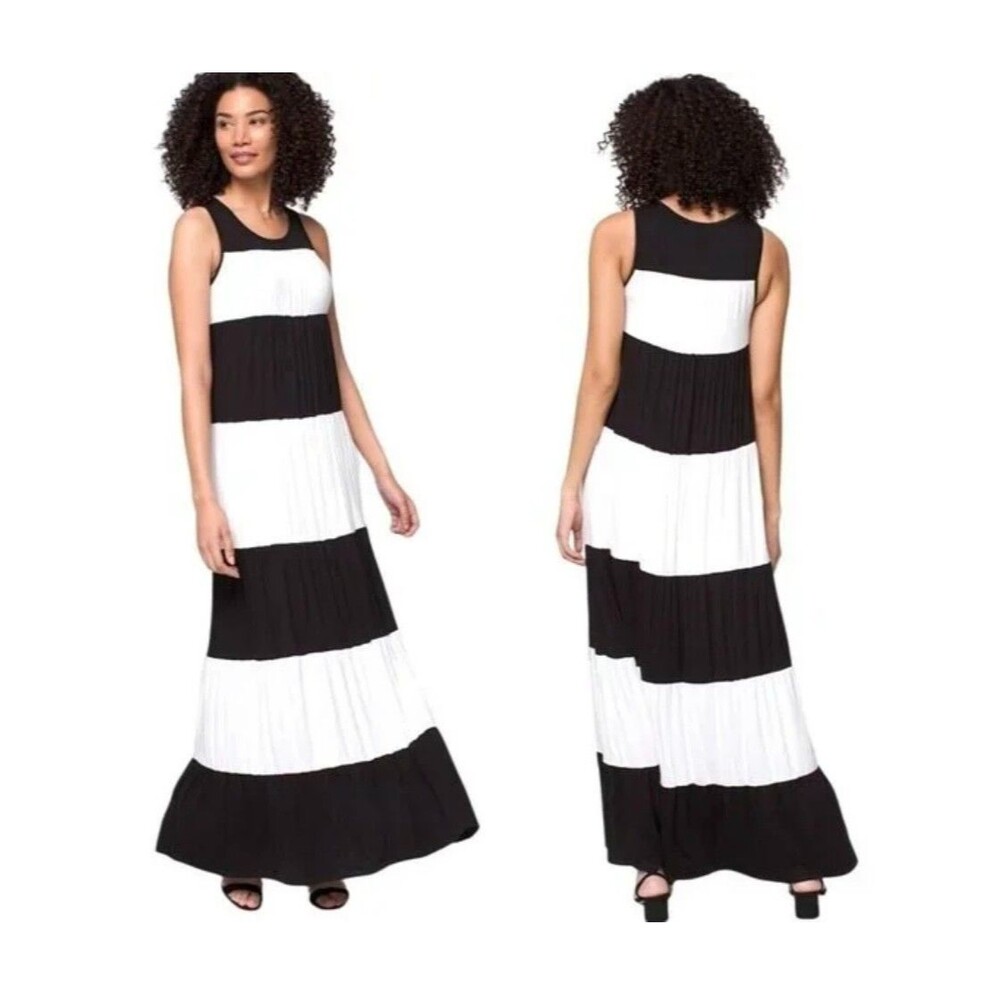Soma Black White Stripe Tiered Sleeveless Knit Maxi Dress w Built-in Bra  Size S